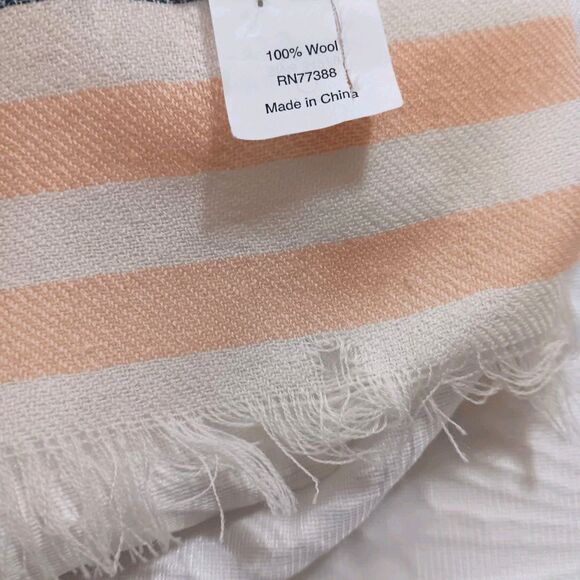 J Crew 100% Wool Scarf Striped Peach White Blue - Picture 11 of 11